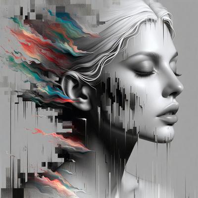 The primary subject of the image is a woman's face, which is the main focus of the image. The setting is a digital artwork, featuring a woman with blonde hair and a white complexion. The visual style is a combination of digital art and illustration, creating a unique and artistic representation of the woman's face. The colors and mood of the image are predominantly white and gray, giving it a clean and minimalist appearance.